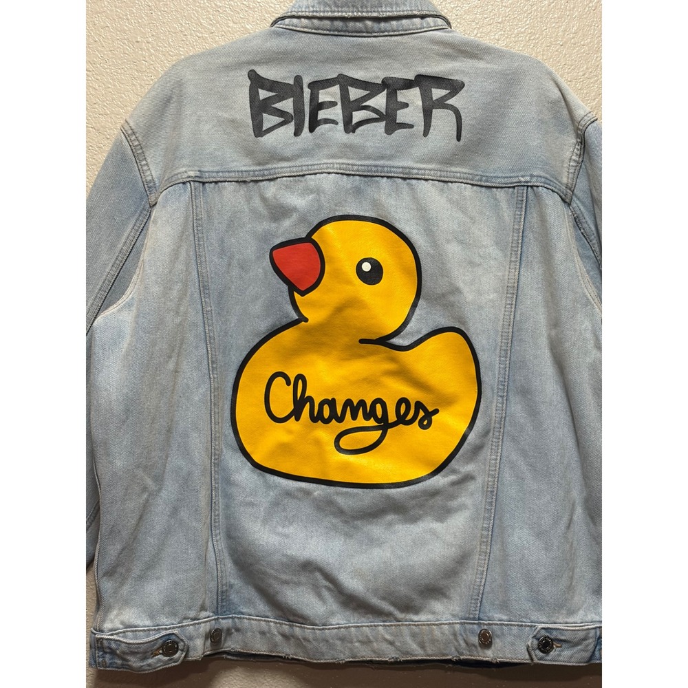 H&M Divided Justin Bieber Changes Denim Jacket Light Blue Duck Graphic XL 24X 27